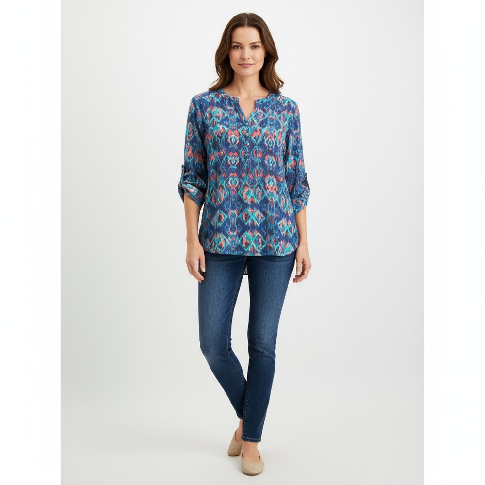 KIM ROGERS Petite Womens Blouse Size PL Multi-Color Ikat Roll-Tab Sleeves Boho